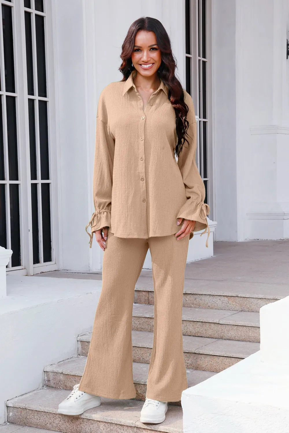 Drawstring Flounce Sleeve Shirt and Pants Set - CHIC TB