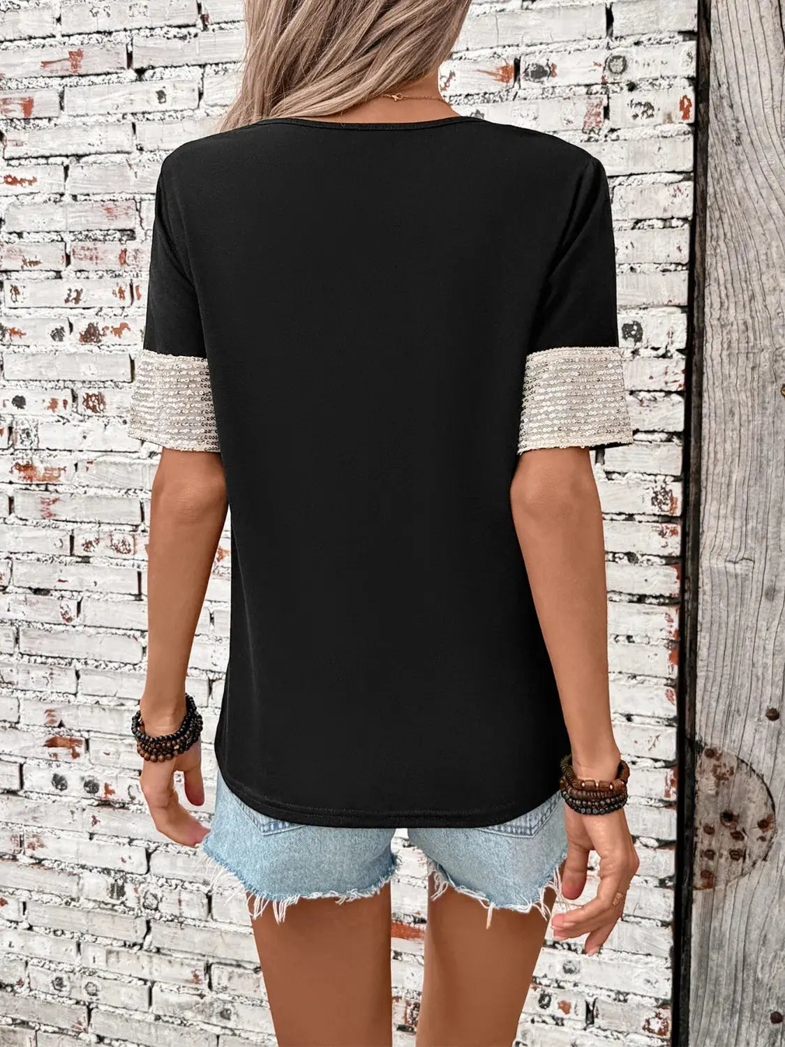 Sequin V-Neck Short Sleeve T-Shirt.