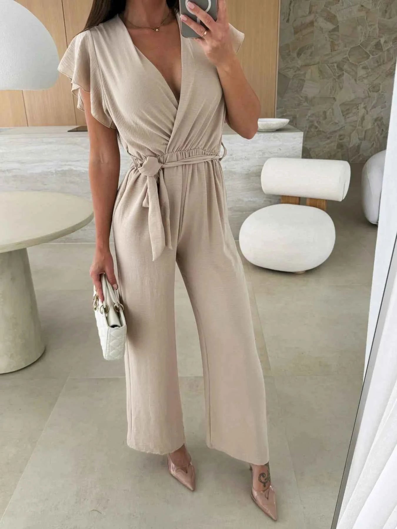 Surplice Wide Leg Belted Jumpsuit