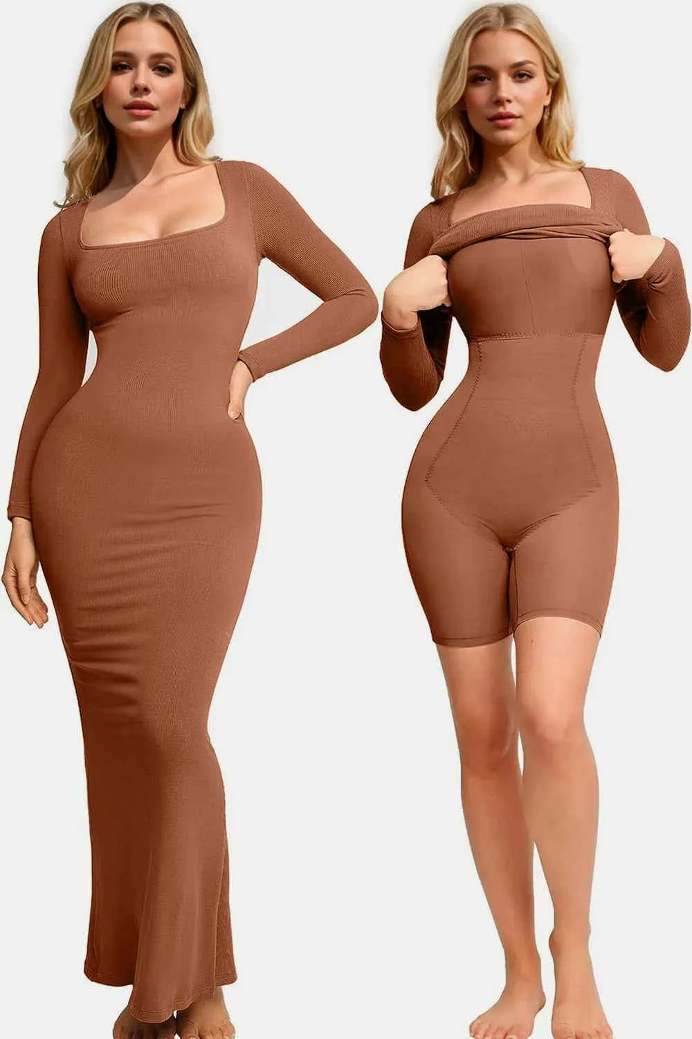 Basic Bae Built-In Shapewear Square Neck Long Sleeve Maxi Dress.