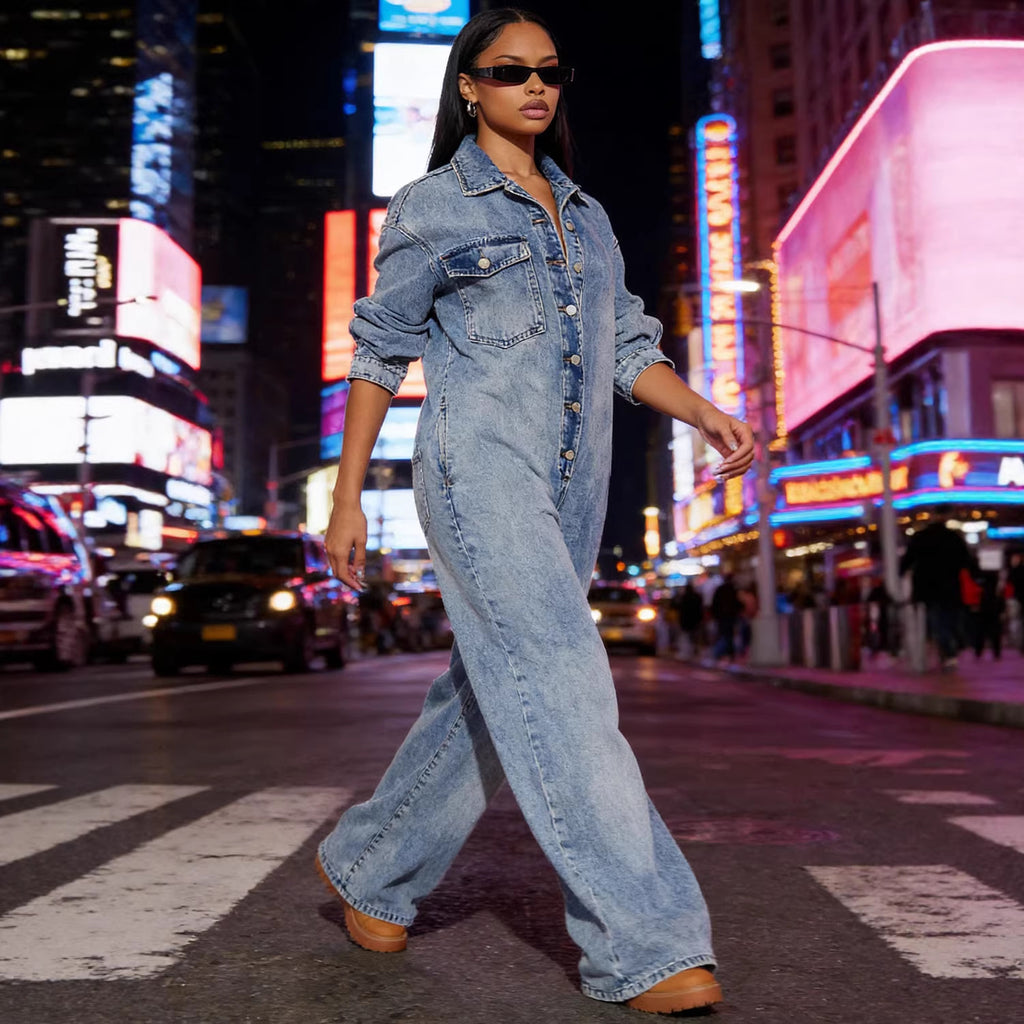 Women's Denim Jumpsuit with Button Front Long Sleeve Bodysuit