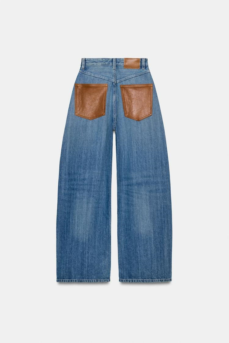 Casual Loose Straight Leg Washed Denim Pants with Leather Splicing for Women  Trendy Oversized Floor-Length Trousers