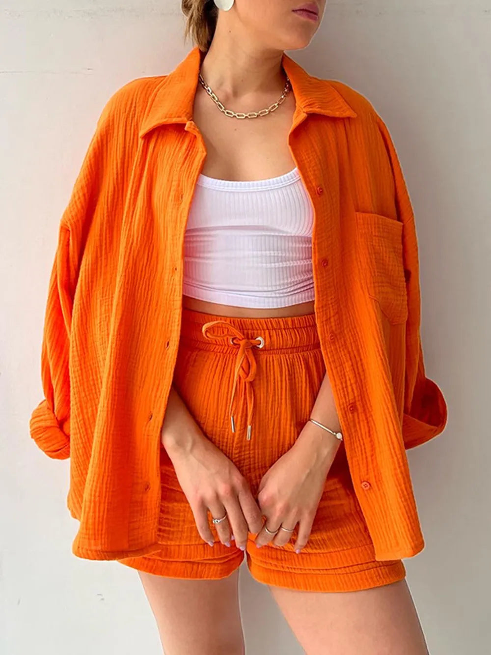 Texture Button Up Shirt and Drawstring Shorts Set - CHIC TB