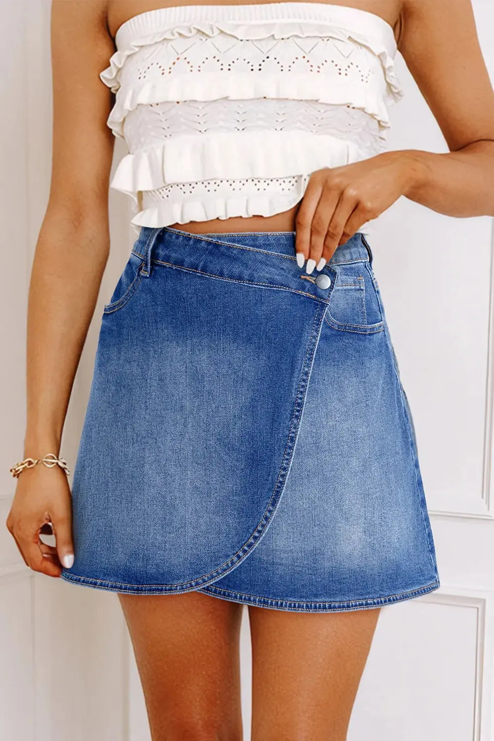 Wrapped Crossed Waist Denim Mini Skirt.