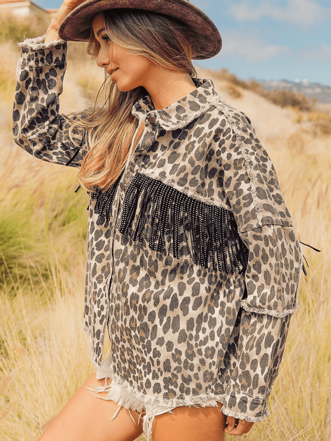 Leopard Fringe Detail Collared Neck Denim Jacket.