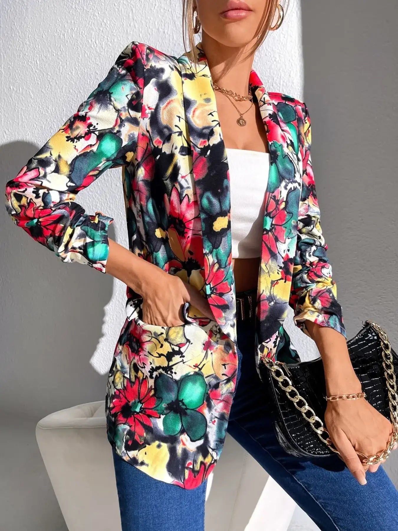 Vibrant Floral Print Open Front Blazer.