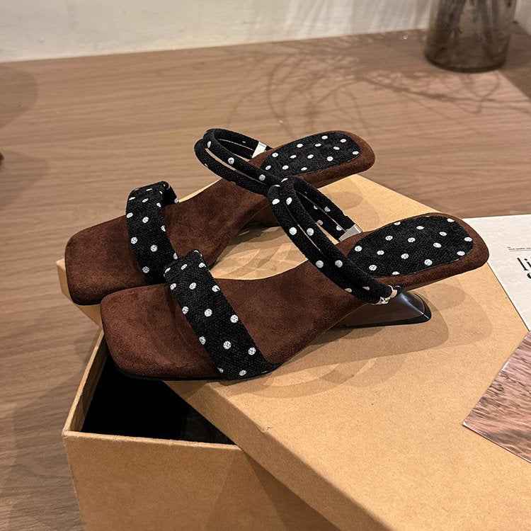 Spring Summer New French Polka Dot Women Wedge Slide Sandals, Fashion Square Toe Open Toe Elegant Mid Heel One Strap Slippers For Outdoor Wear