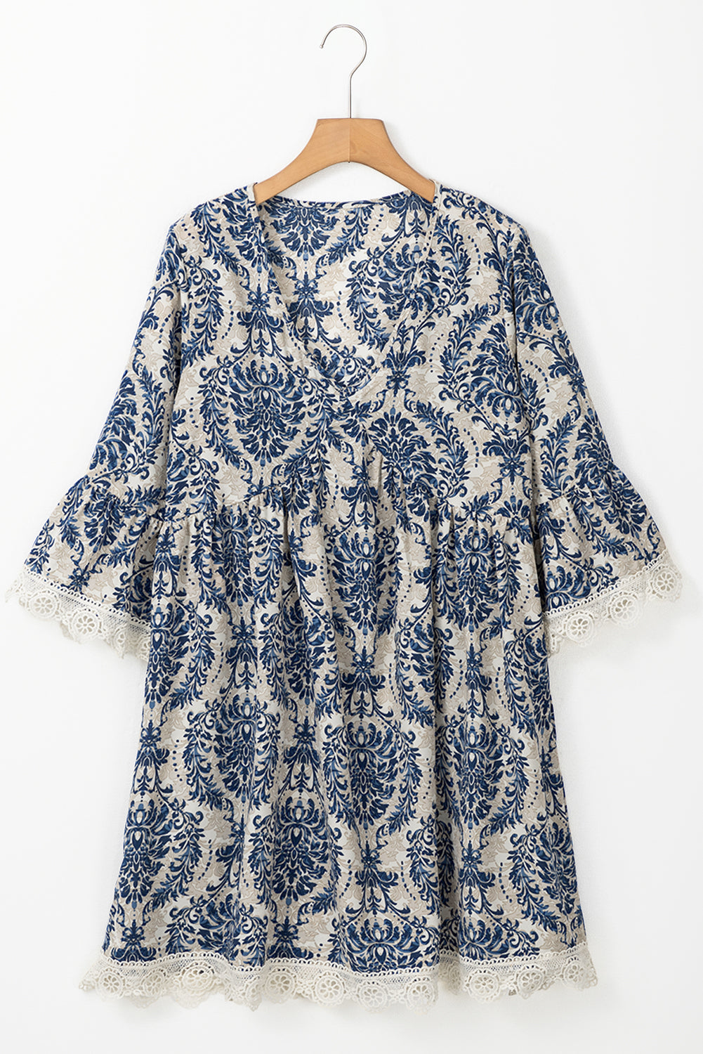 Sky Blue Vintage Printed Lace Trim V Neck 3/4 Sleeve Loose Dress Dear-Lover Dropshipping