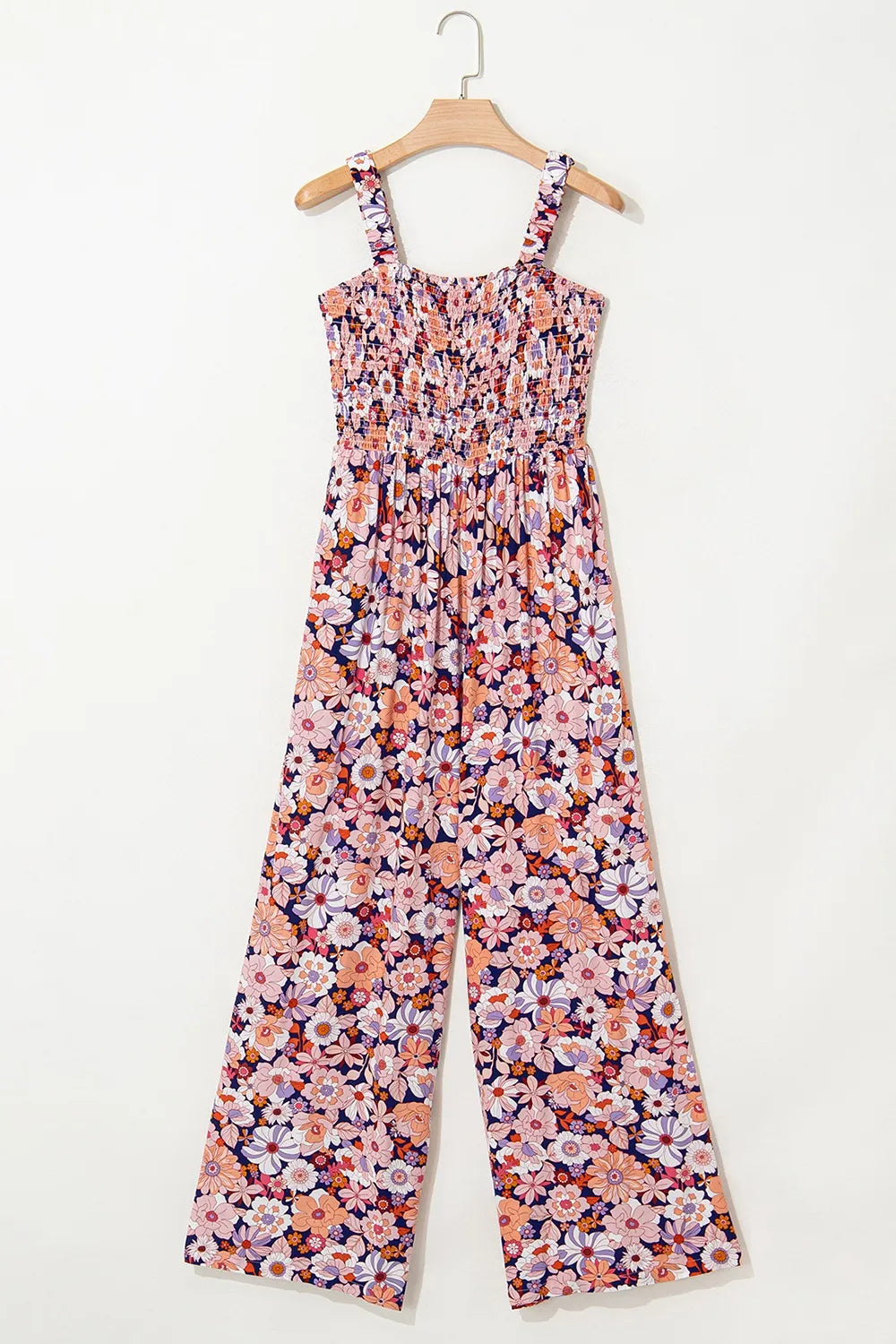 Floral Print Smocked High Waist Square Neck Jumpsuit.