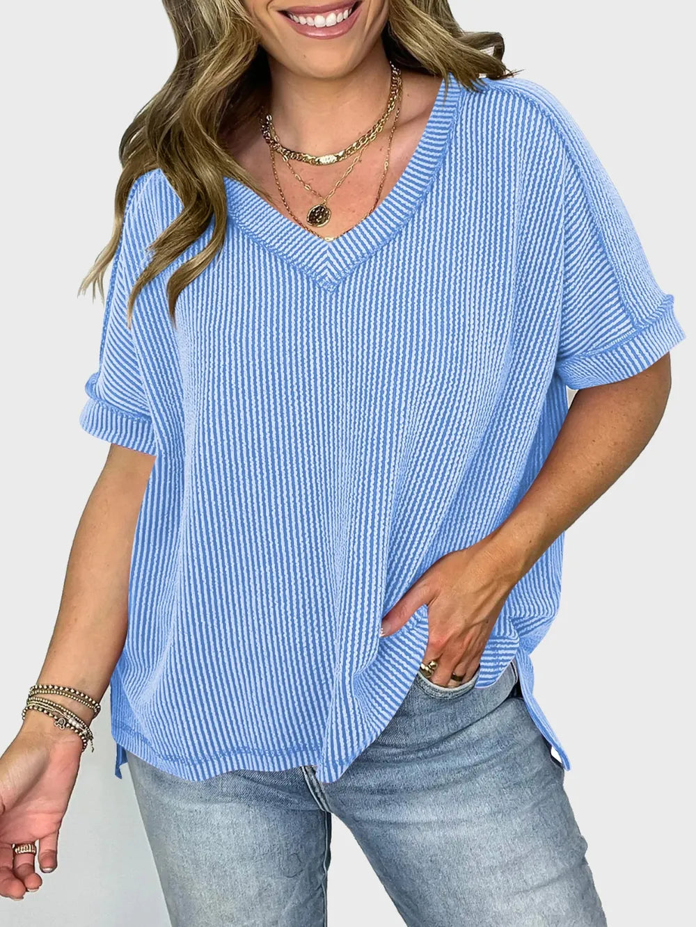 Lovelet Texture V-Neck Half Sleeve T-Shirt.