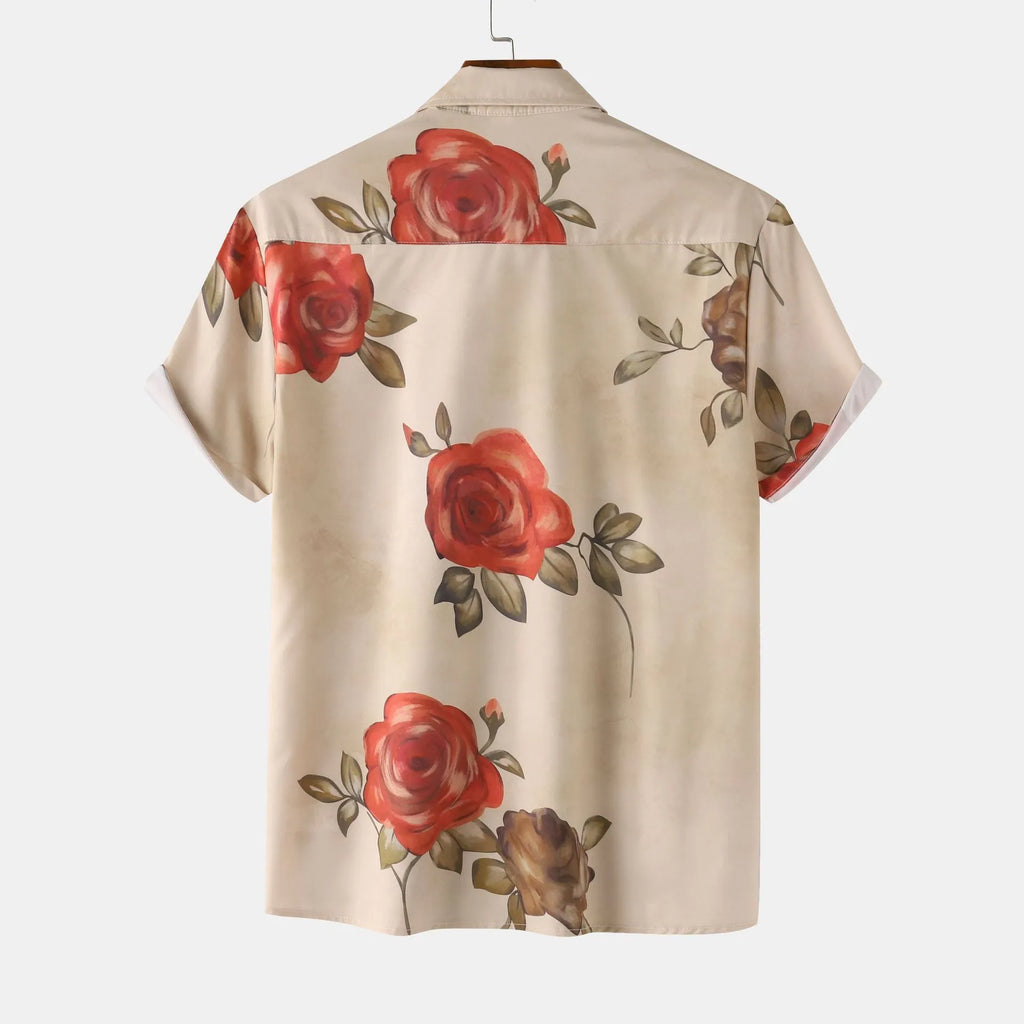 Men's Rose Print Short Sleeve Button Down Shirt, Miami style men shirt.