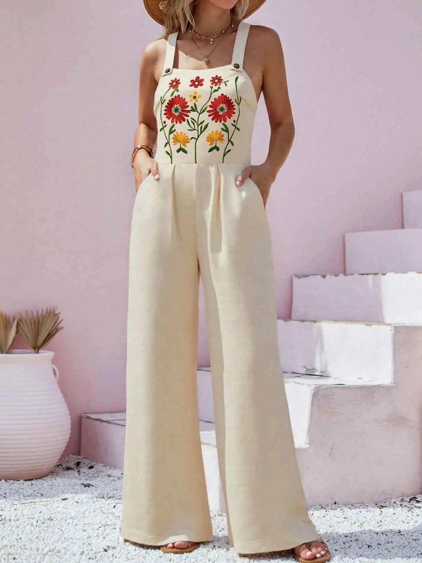 Floral Embroidered Wide Leg Jumpsuit