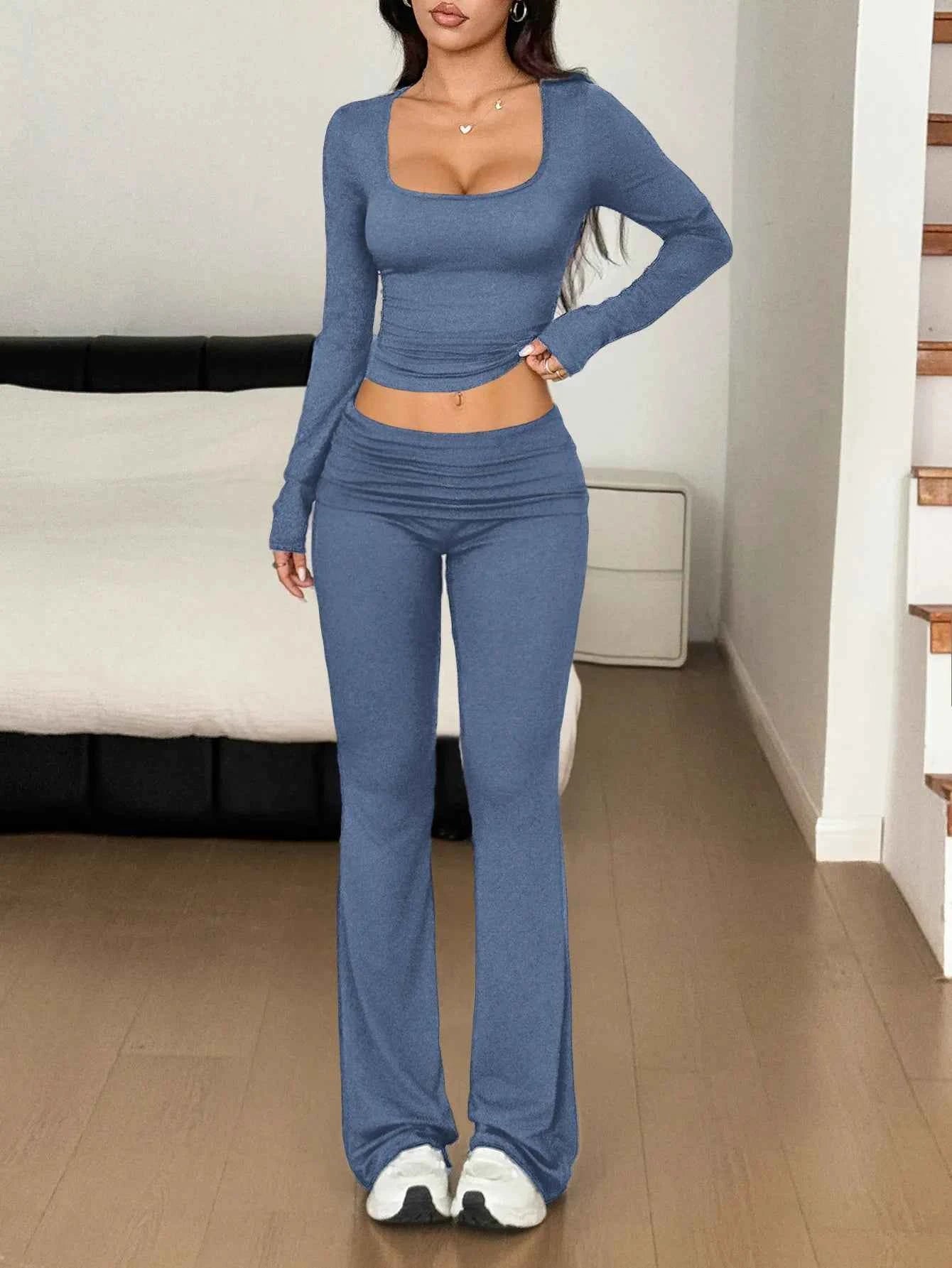 Long Sleeve Crop Top and Bootcut Pants Set