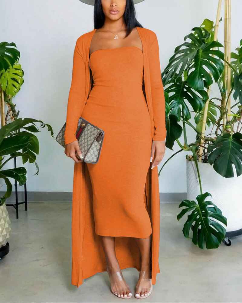 New Autumn Fashion Suit Women Solid Tube Bodycon Dress With Longline Coat Two Piece Set Casual Daily Outfits