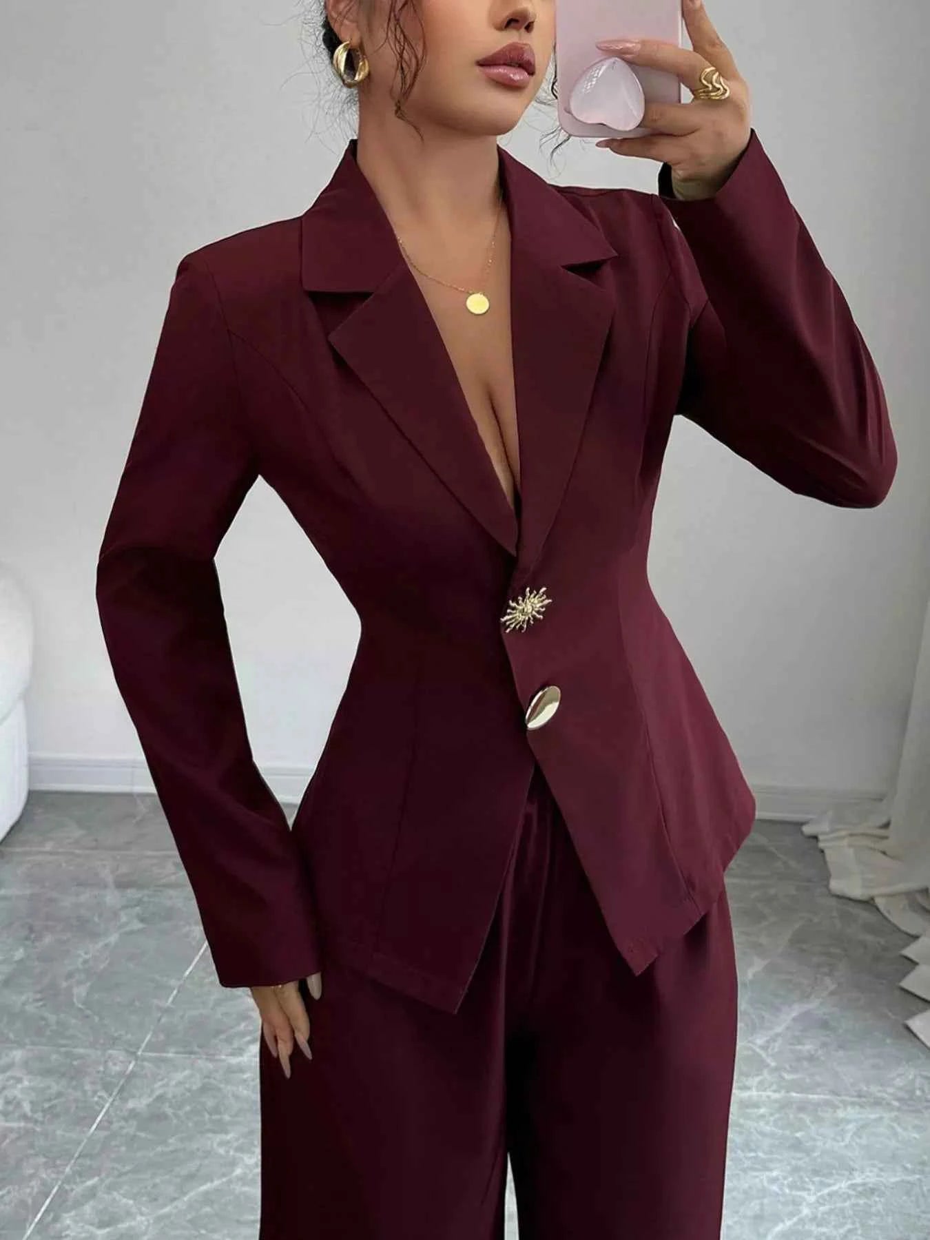 Lapel Collar Blazer & Wide Leg Pants Set