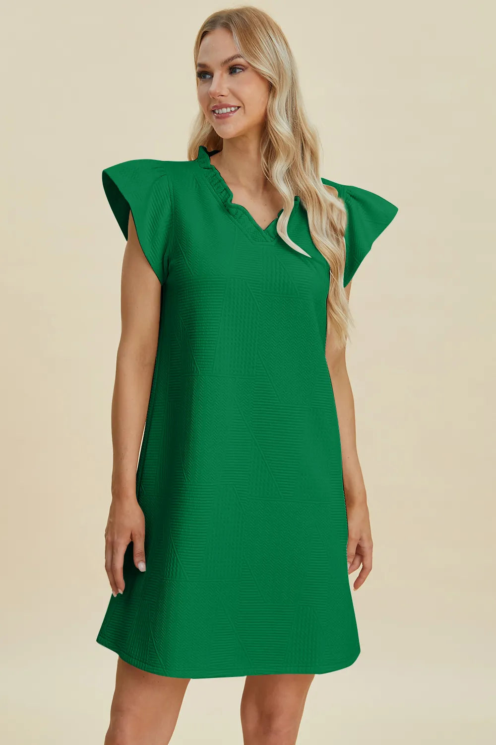 Double Take Full Size Ruffled V-Neck Cap women Sleeve Dress.