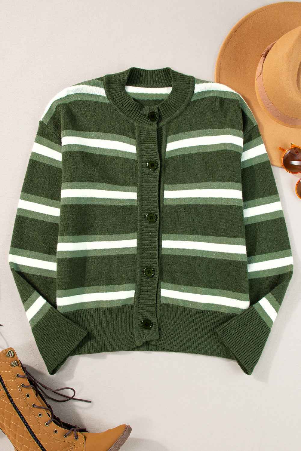 Green Stripe Drop Shoulder Buttons Cardigan Sweater