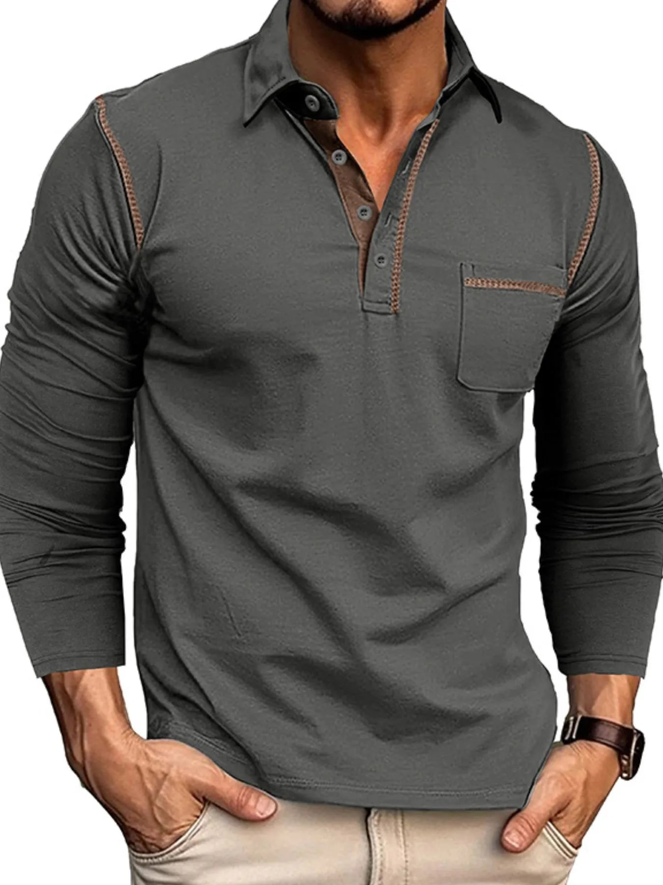 Men's Long Sleeve Polo Shirt with Contrast Stitching.