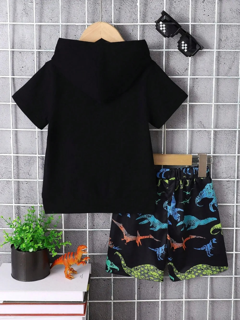 Children's Dinosaur Short Sleeve Hooded Top and Pants Set.