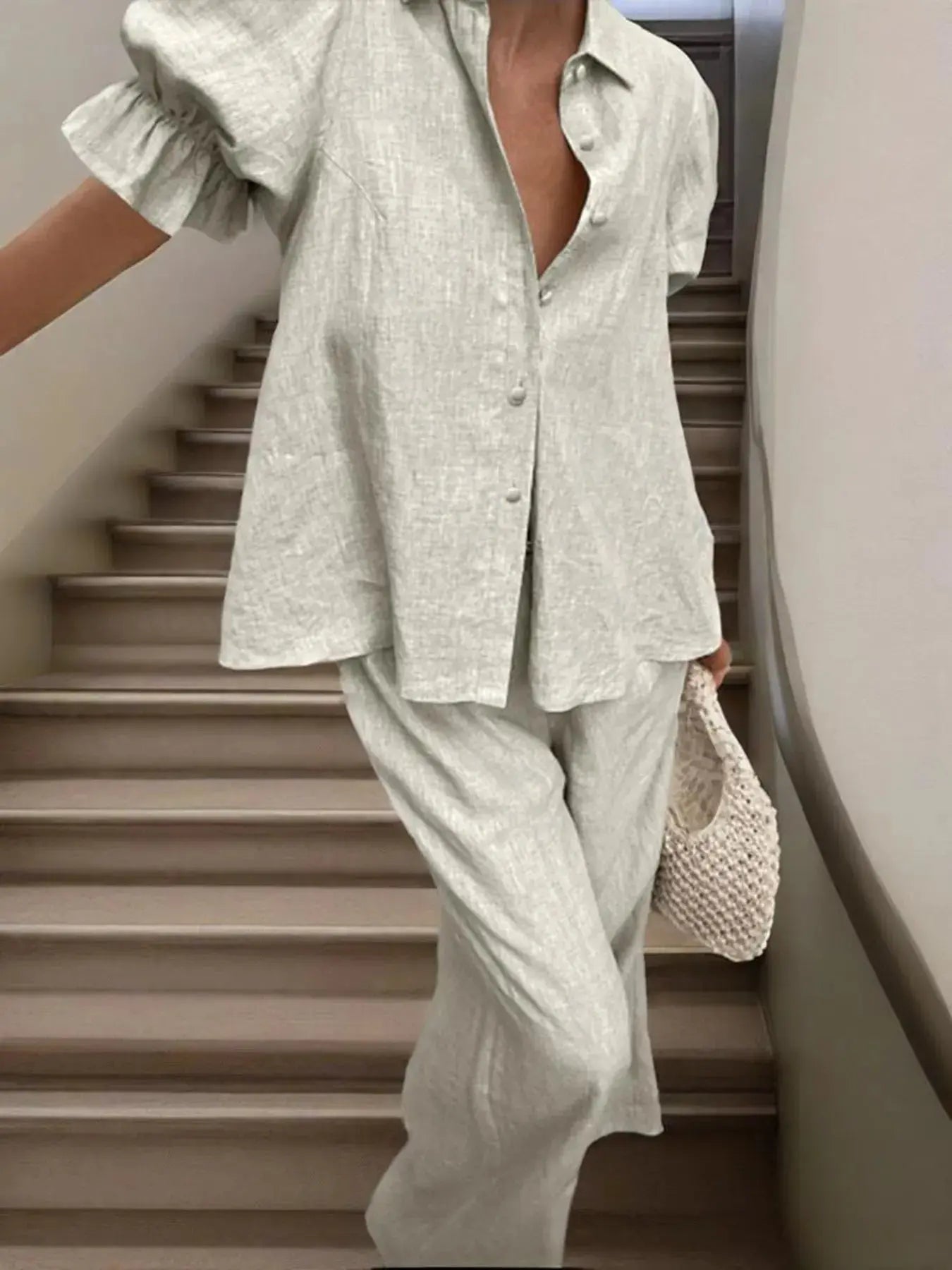 Plus Size Button-Down Shirt and Wide-Leg Pants Set.