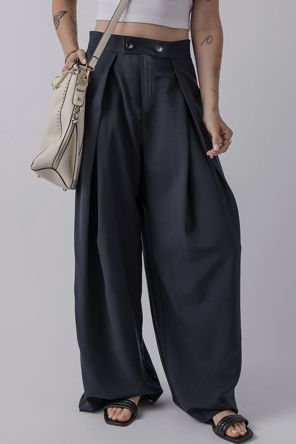 Dirty blue Dual Buttoned High Waist Pleated Wide Leg Pants Dear-Lover Dropshipping
