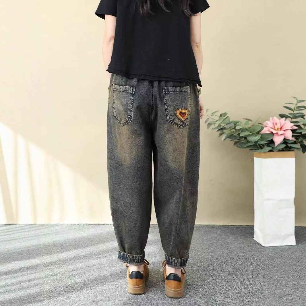 Vintage Ethnic Style Colorful Button Embroidered Denim Pants Women Loose Plus Size Floral Embroidery Nine-Point Harem Pants Spring