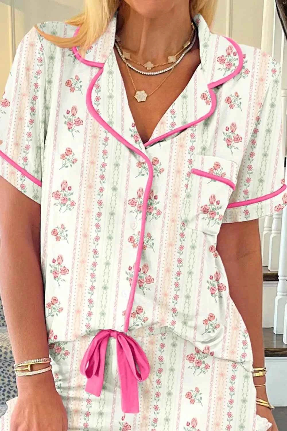 Button Up Short Sleeve Top and Shorts Lounge Set