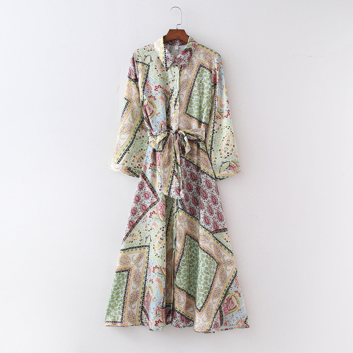 Color-Blocked Floral Patchwork Maxi Dress with Belt