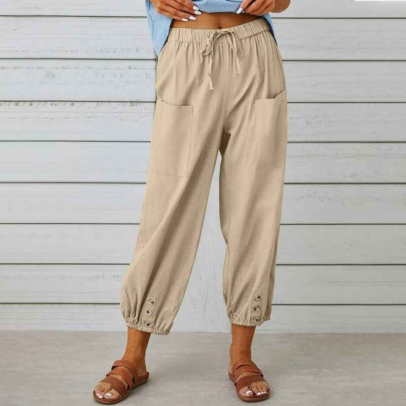 High Waist Cotton Linen Wide Leg Nine Point Pants For Women