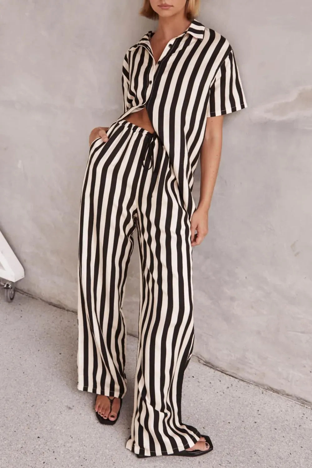 Striped Collared Neck Half Sleeve Top and Pants Set - CHIC TB