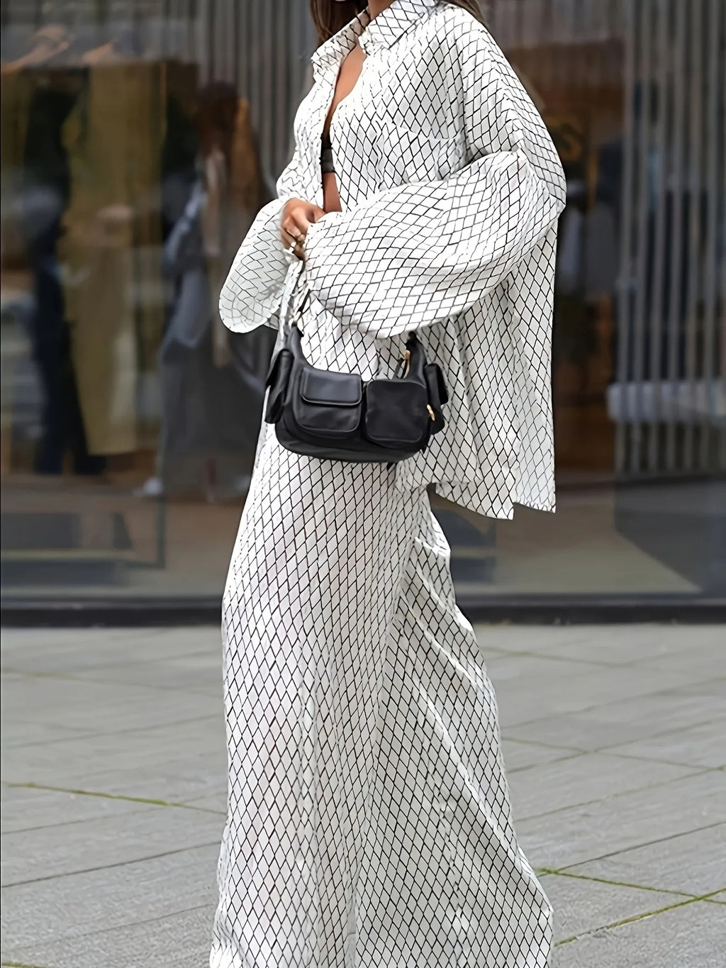 Diamond Pattern Long Sleeve Top and Pants Two-Piece Set.