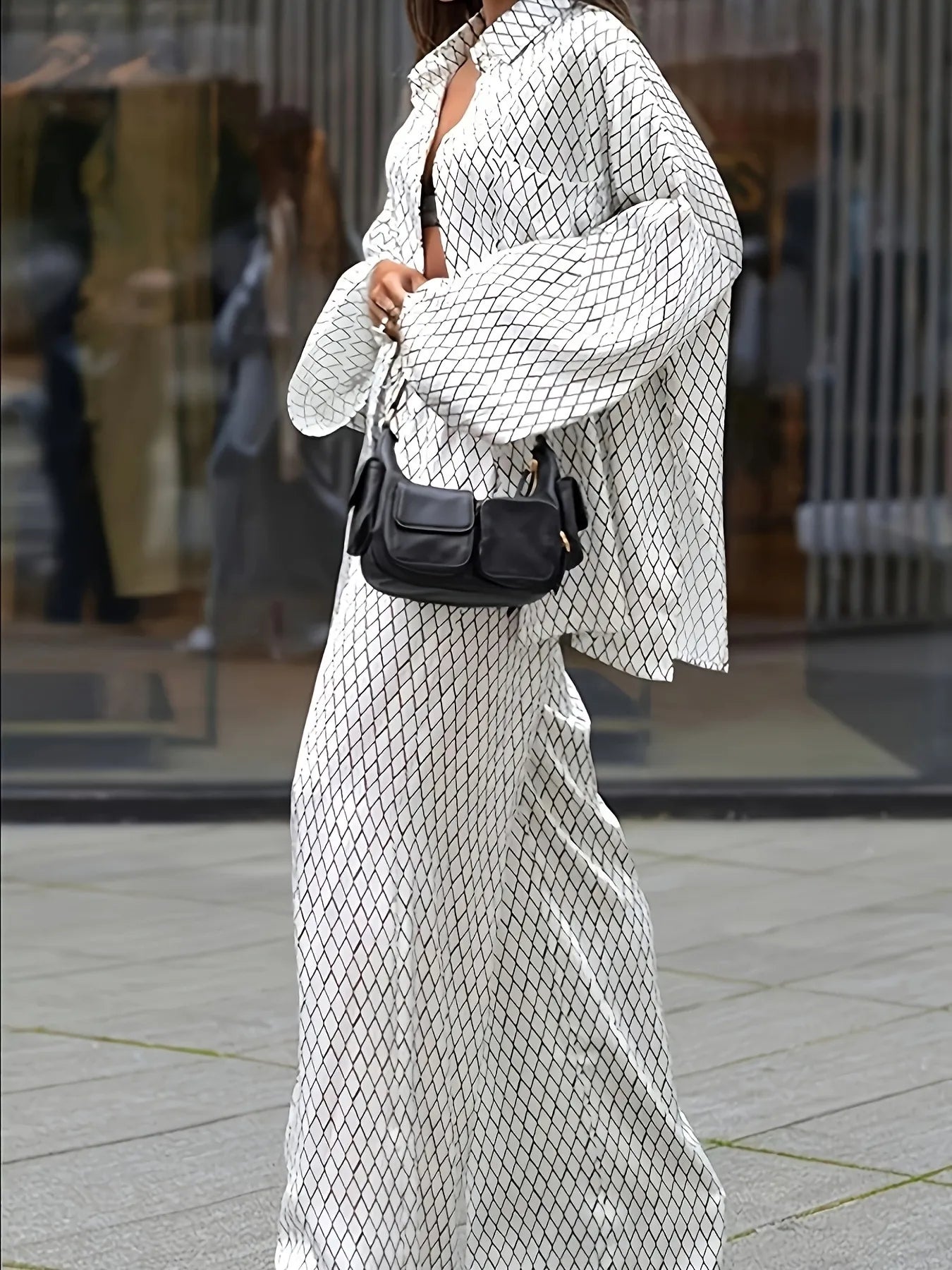 Diamond Pattern Long Sleeve Top and Pants Two-Piece Set.