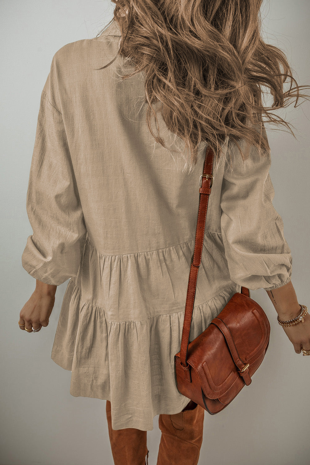 Tan Puff Sleeve Buttoned Tiered Pleated Shirt Mini Dress Dear-Lover Dropshipping