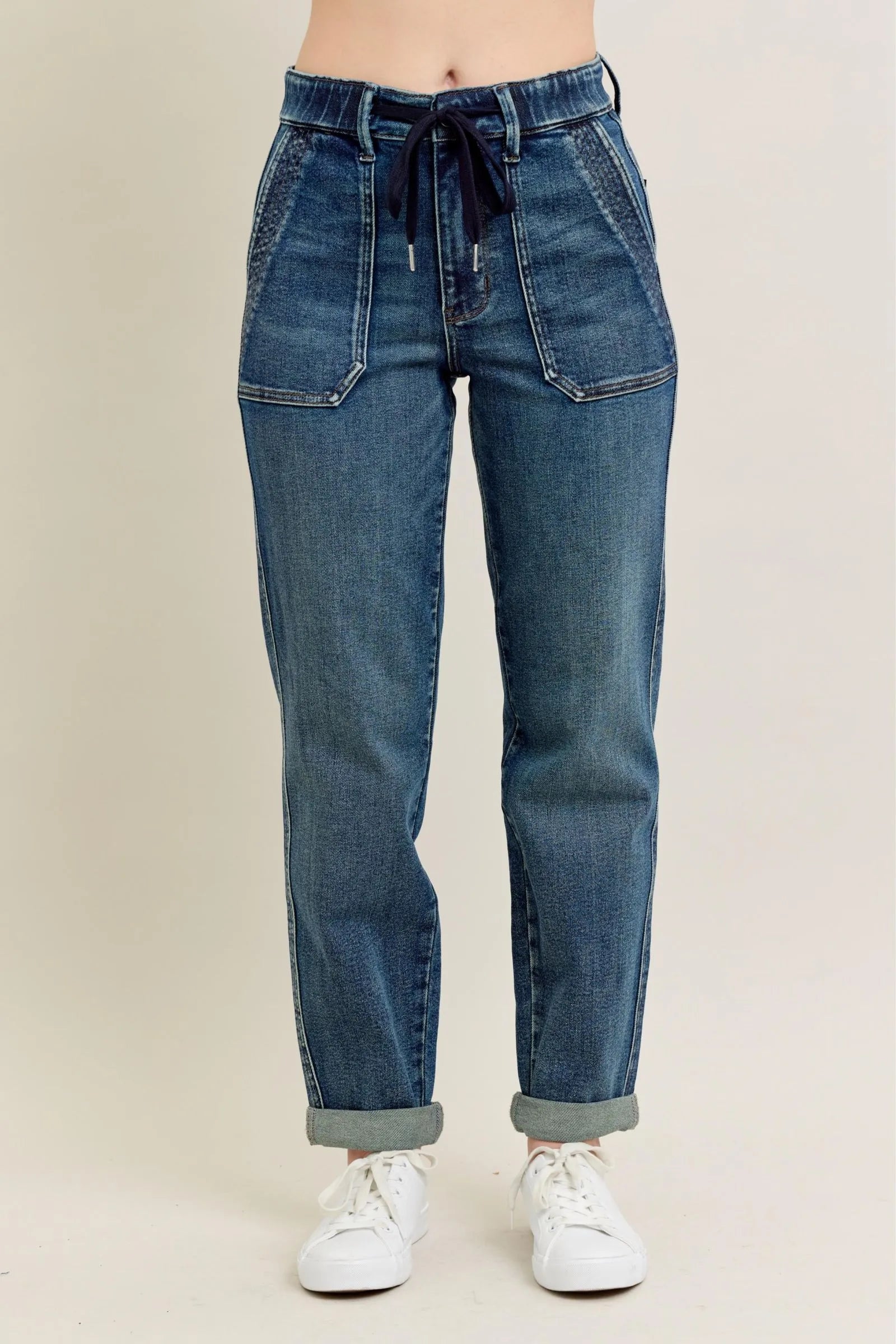 HIGH WAISTED Vintage Wash Jeans w/ Drawstring Plus Size.