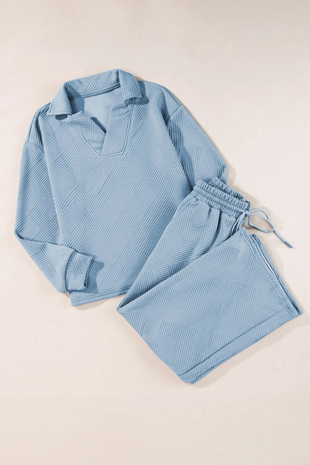 Textured Collared Neck Top and Wide Leg Pants Set.