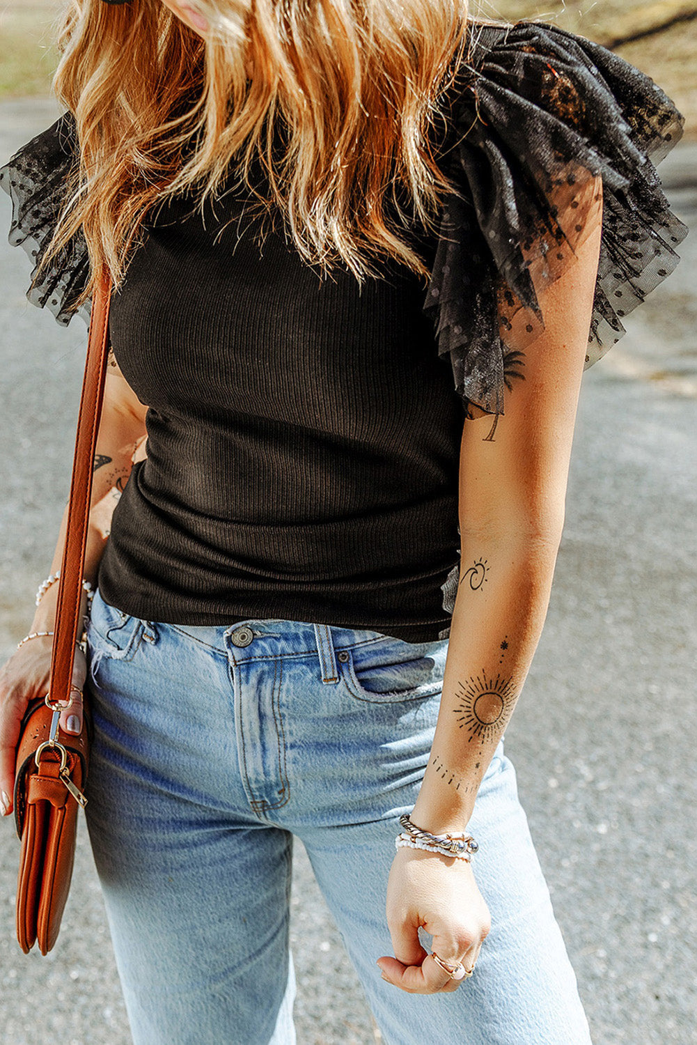 Black Dotty Mesh Ruffle Sleeve Ribbed Knit Top Dear-Lover Dropshipping