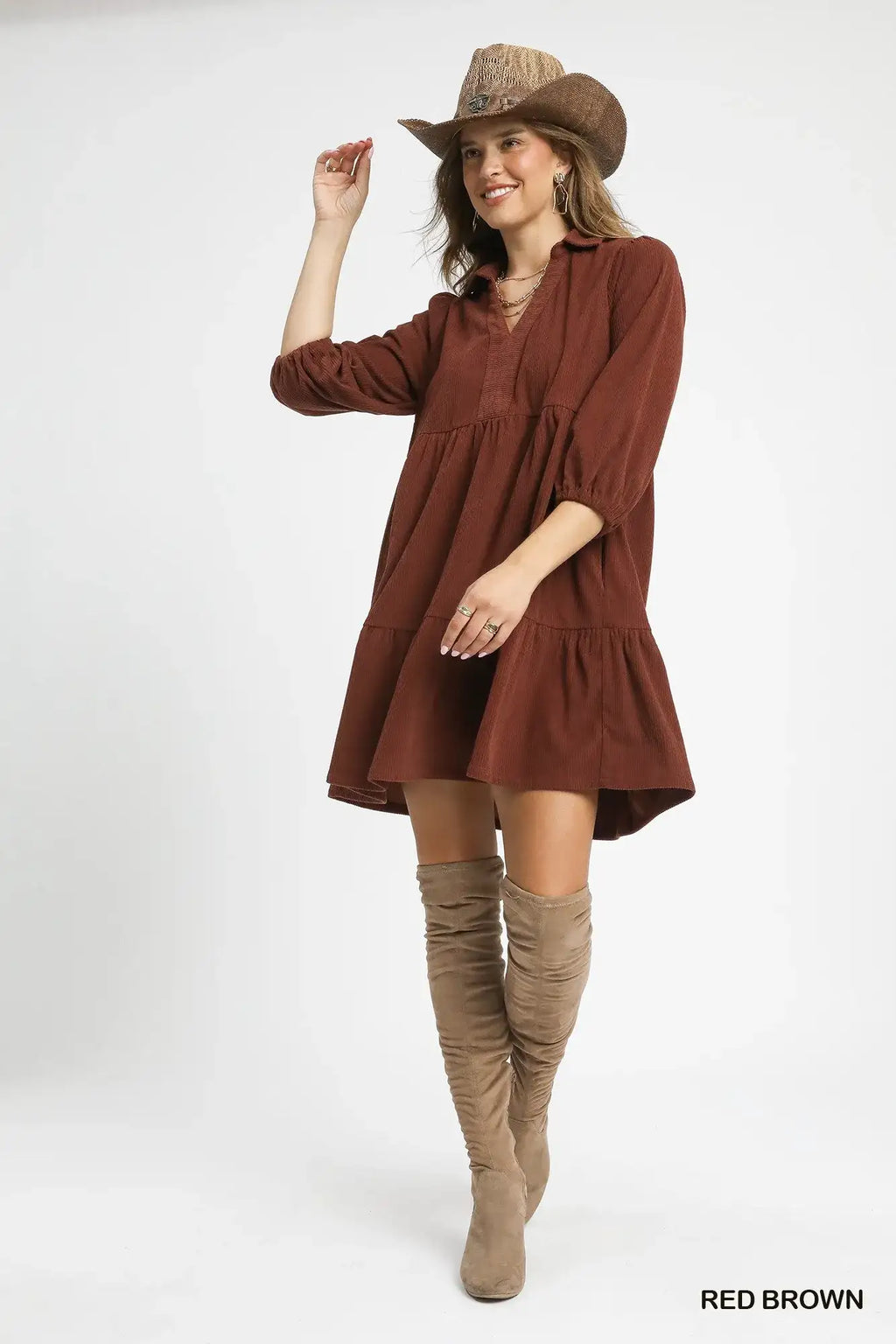 Umgee Tiered Corduroy Mini Dress with Balloon Sleeves.