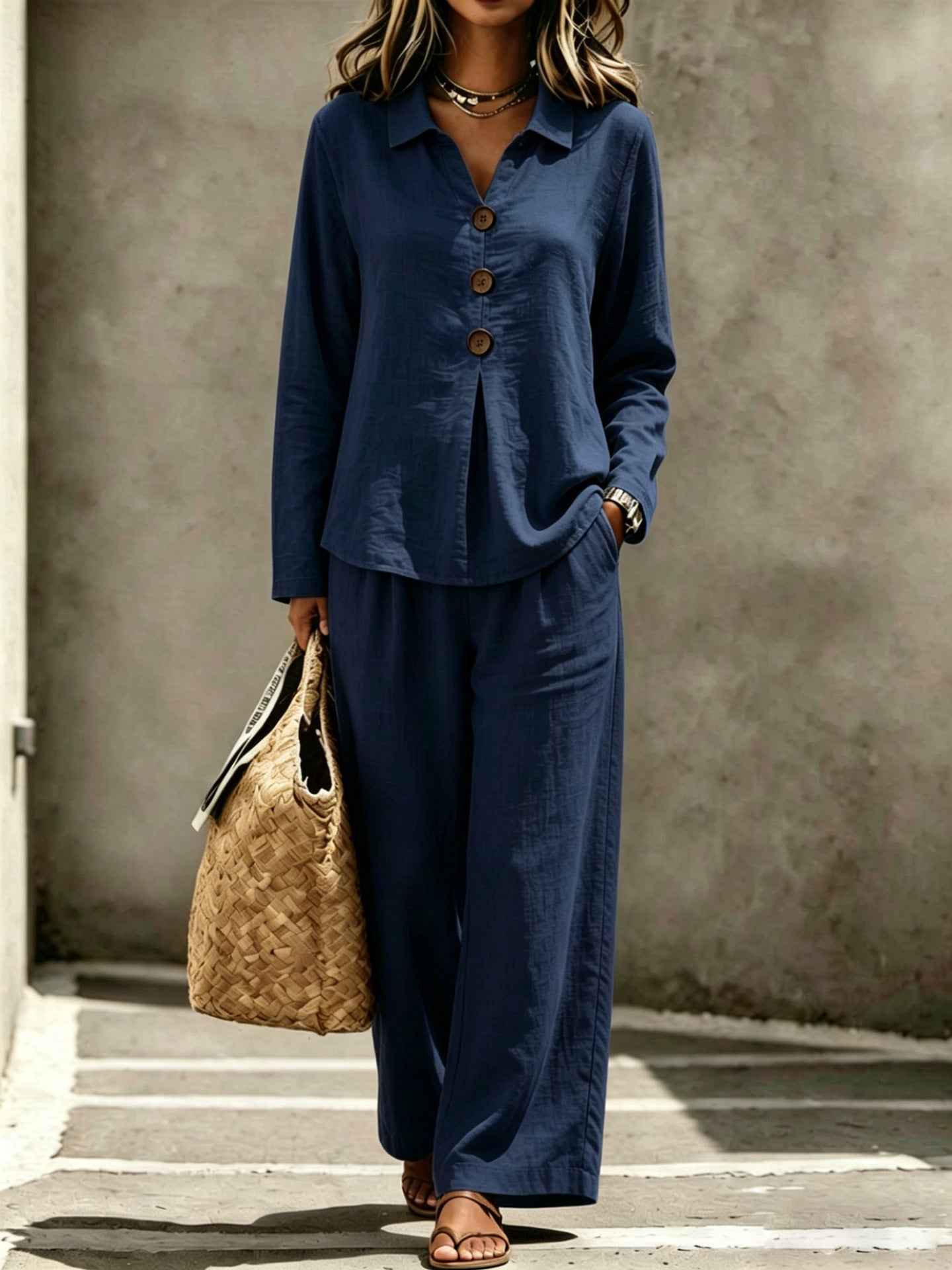 Womens Buttoned Polo-collar Long-sleeve Pantsuit