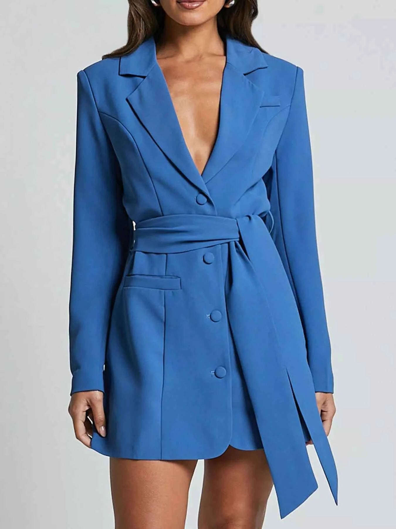 Lapel Collar Tie Waist Blazer