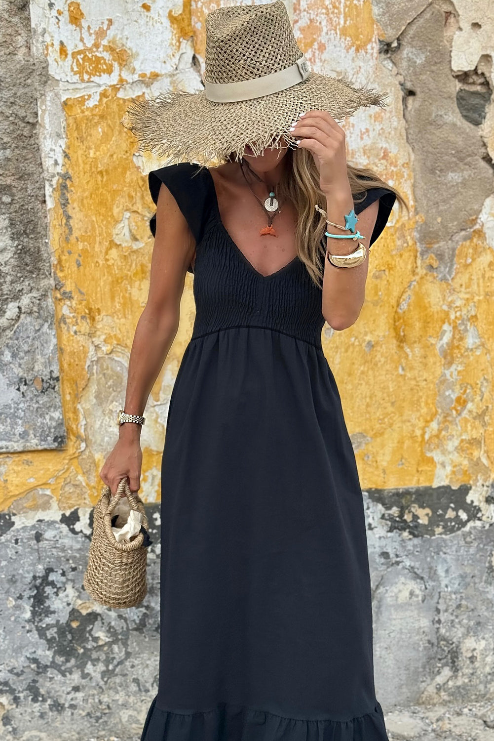 Black V Neck Flutter Sleeve Smocked Bodice High Waist Ruffle Maxi Dress Dear-Lover Dropshipping