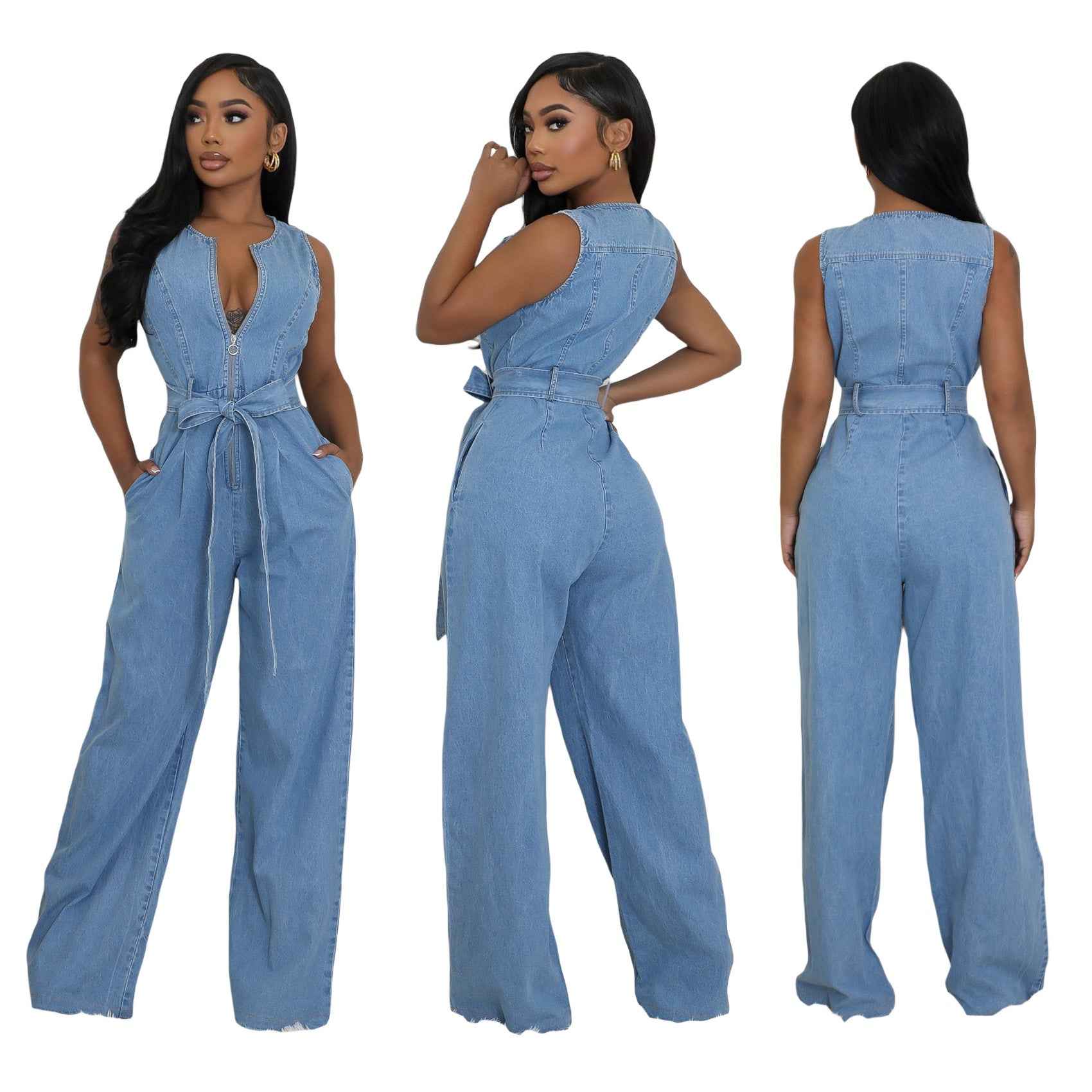 Slim-fit Elastic Washed Denim Jumpsuit With A Fitted Waist