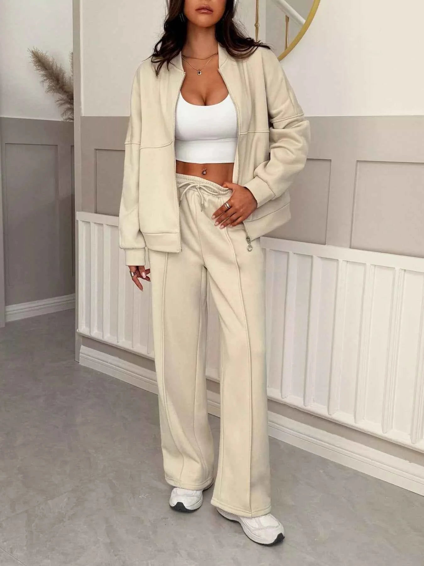 Casual Zipper Front Top and Wide Leg Pants Set