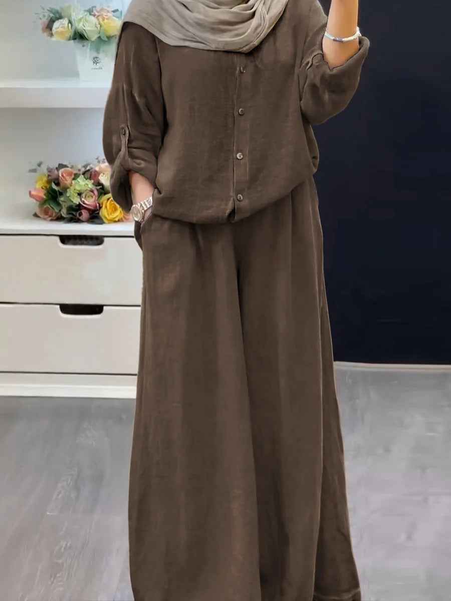 Cotton-linen Solid-color Shirt Set With Loose-fitting Trousers