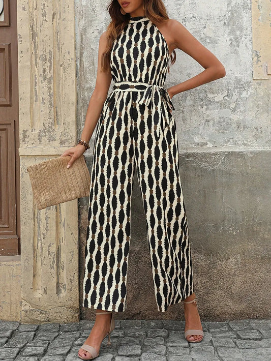 Tied Printed Grecian Neck Jumpsuit - CHIC TB