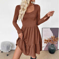 Retro style waist cinching knitted solid color square neck A-line dress