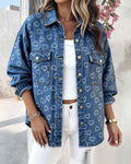 Womens Retro Full Print Heart Jacquard Denim Jacket