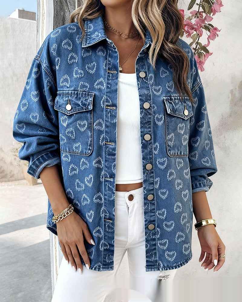 Womens Retro Full Print Heart Jacquard Denim Jacket