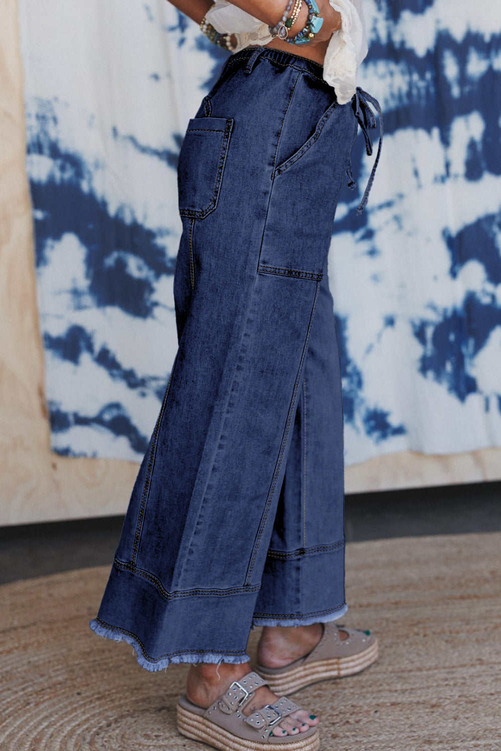 Prussian Blue Drawstring Seam Detail Raw Hem Wide Leg Denim Pants Dear-Lover Dropshipping