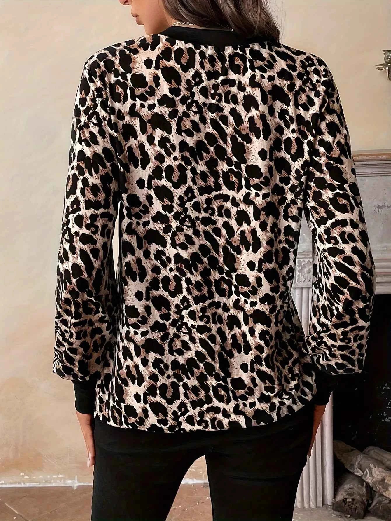 Leopard Print V-Neck Long Sleeve T-Shirt