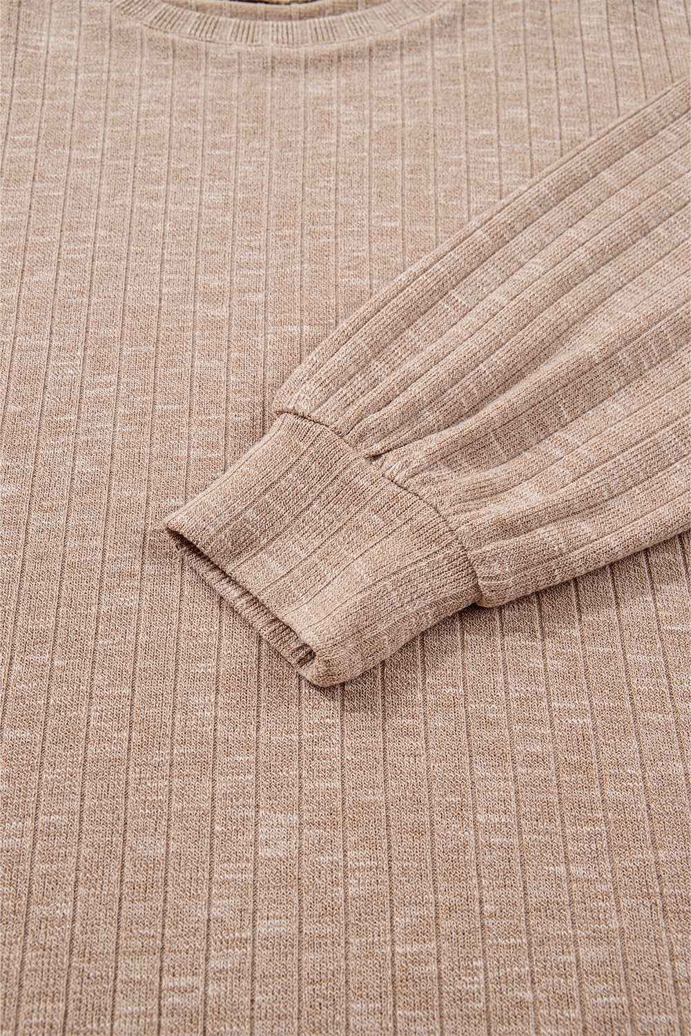 Dark Khaki Ribbed Balloon Sleeve Pullover Top and Biker Knitted Short Set